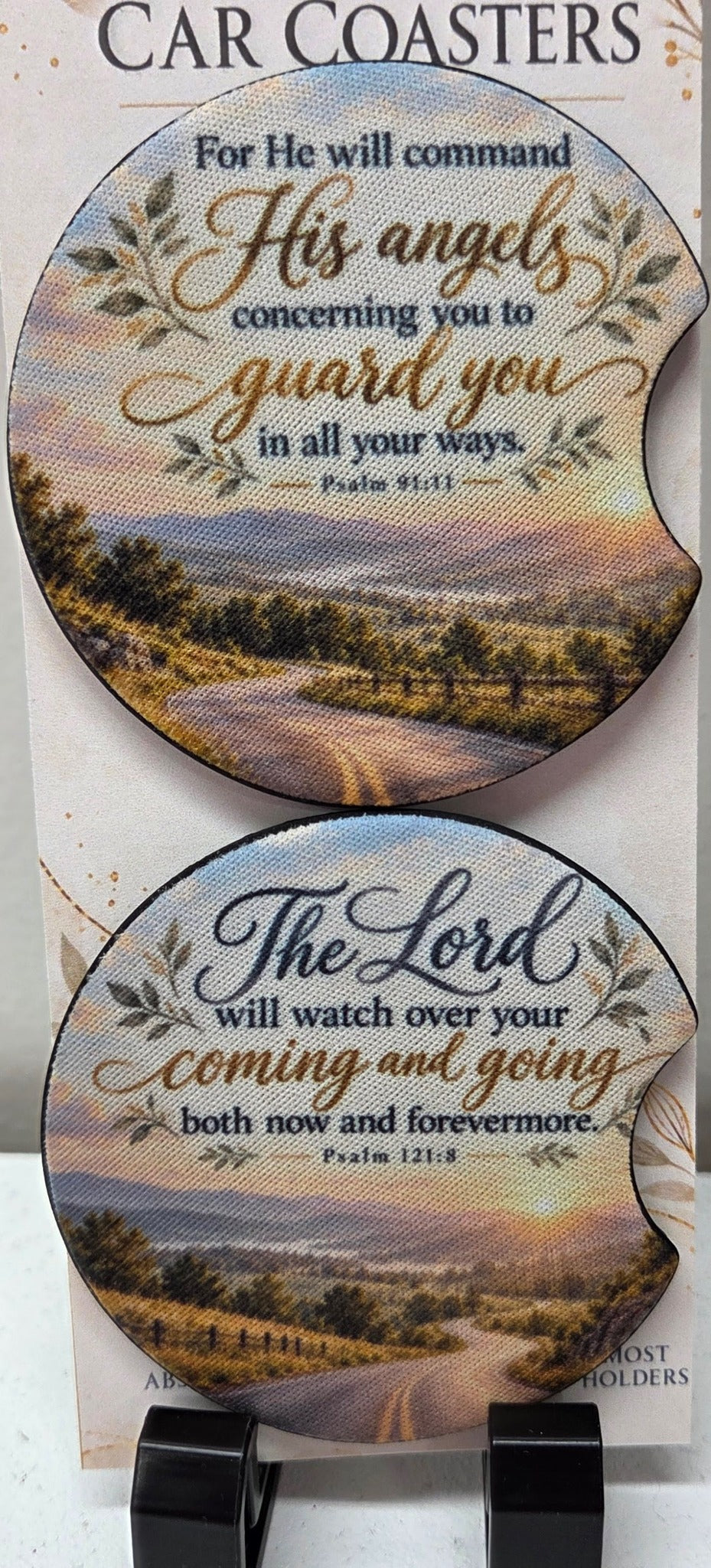 Actual set of two scripture neoprene car coasters with finger notches and winding road scenes