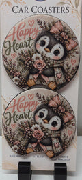 Actual set of two Happy Heart penguin floral neoprene car coasters with finger notches