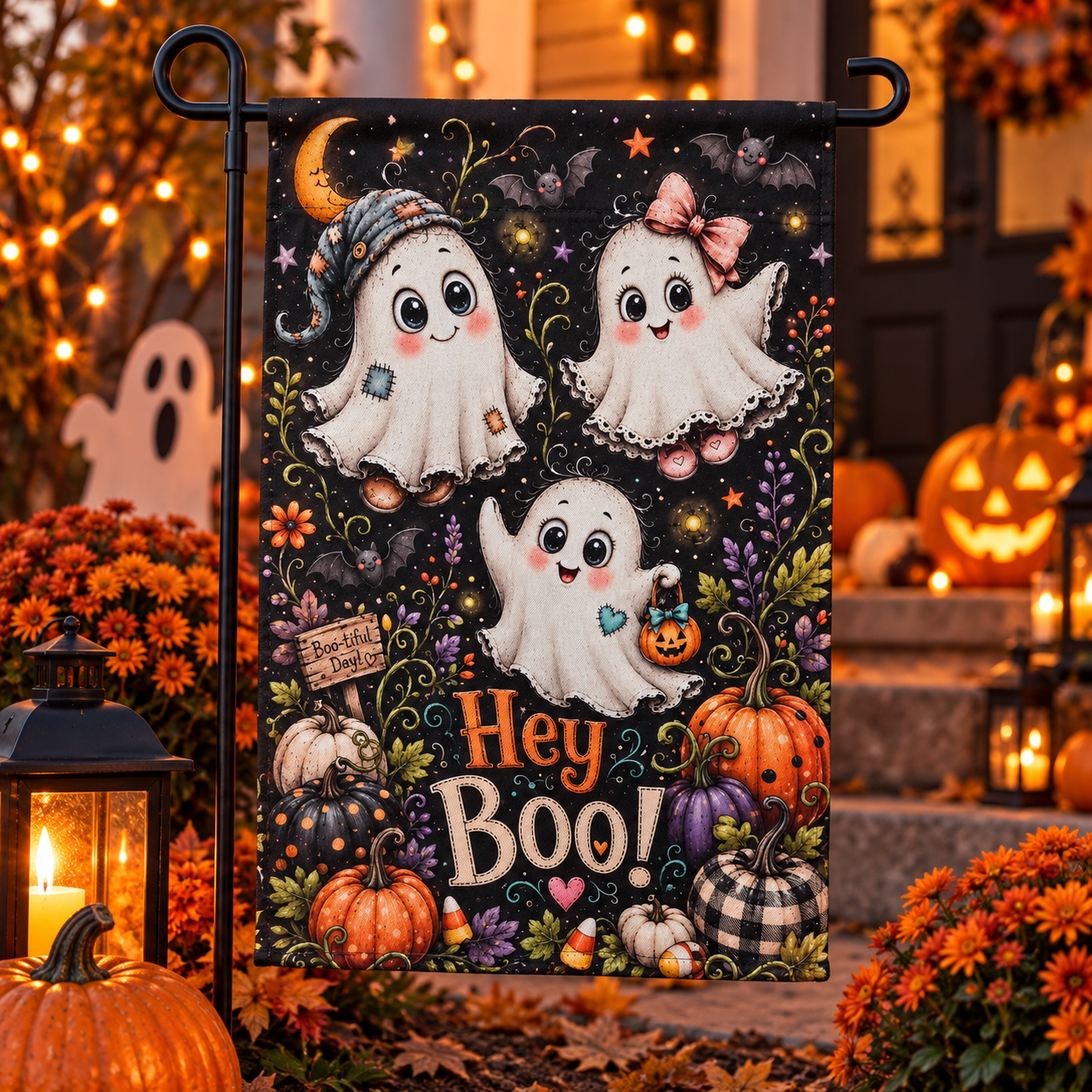 Hey Boo ghost Halloween garden flag mockup