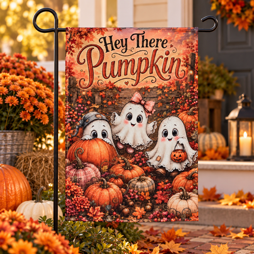 Hey There Pumpkin ghost fall garden flag mockup