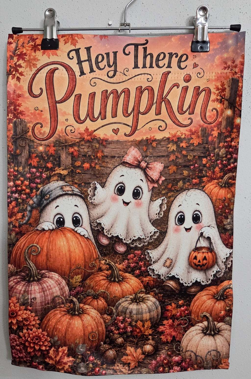 Actual 12 x 18 Hey There Pumpkin ghost garden flag fall side