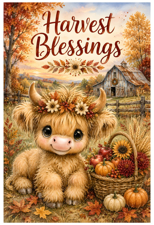 Highland cow Harvest Blessings fall garden flag side