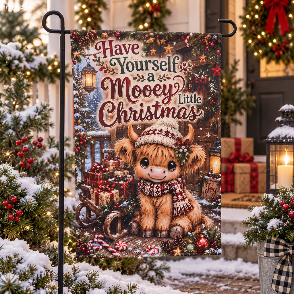 Highland cow Have Yourself a Mooey Little Christmas reversible garden flag Christmas side mockup