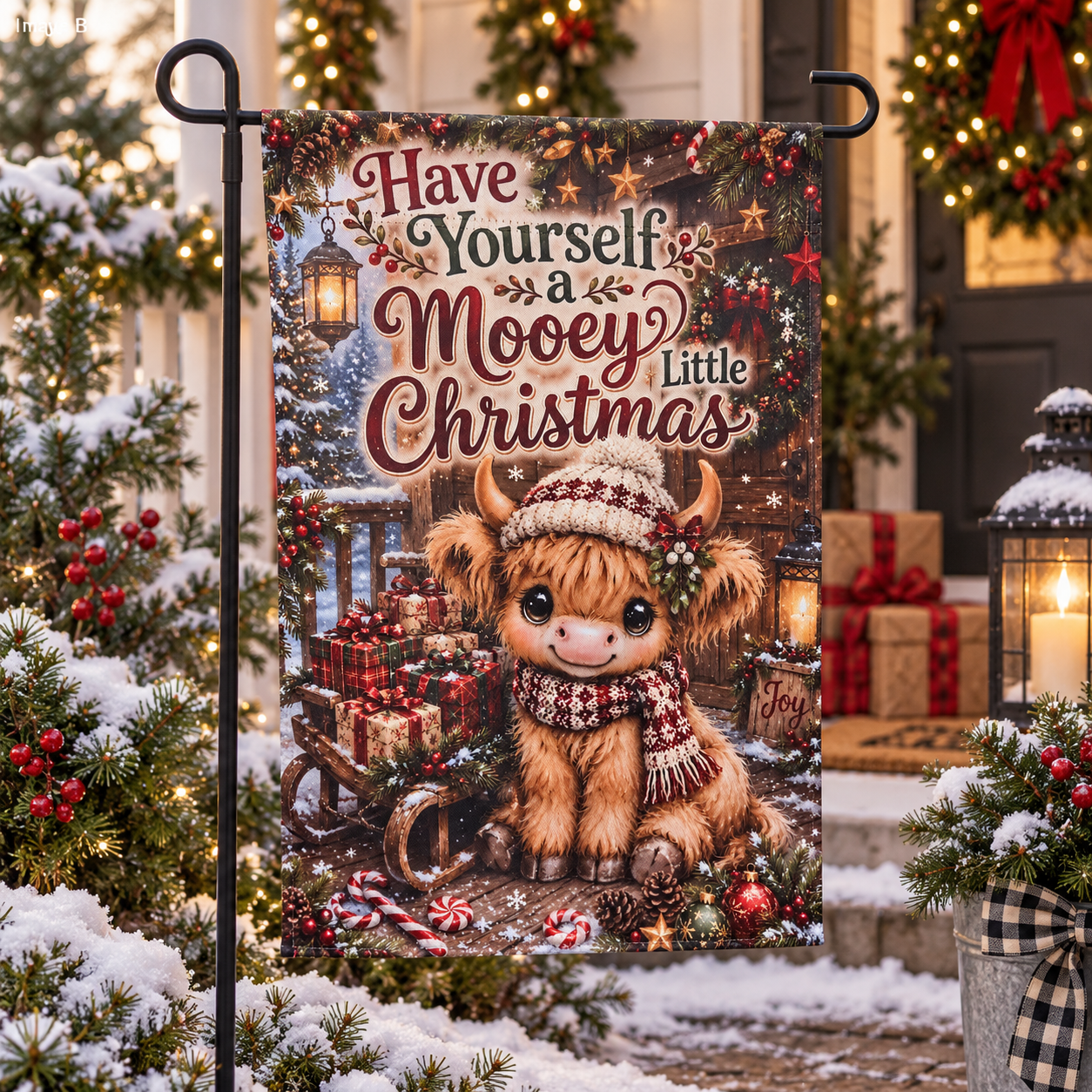 Highland cow Have Yourself a Mooey Little Christmas reversible garden flag Christmas side mockup