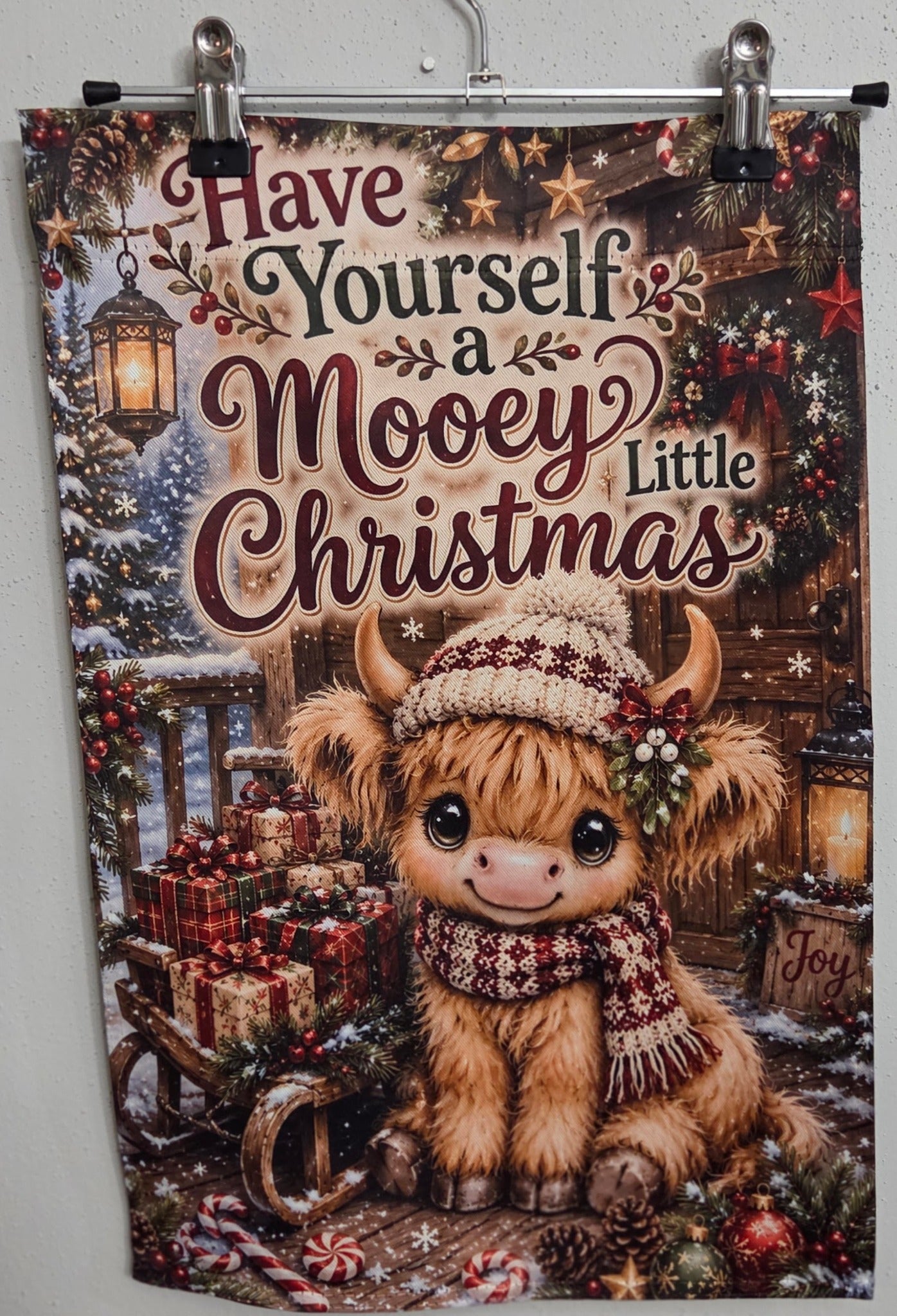 Actual 12 x 18 Highland cow Have Yourself a Mooey Little Christmas garden flag photo