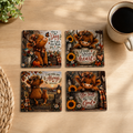 Set of four ceramic coasters with Highland cow autumn scripture designs