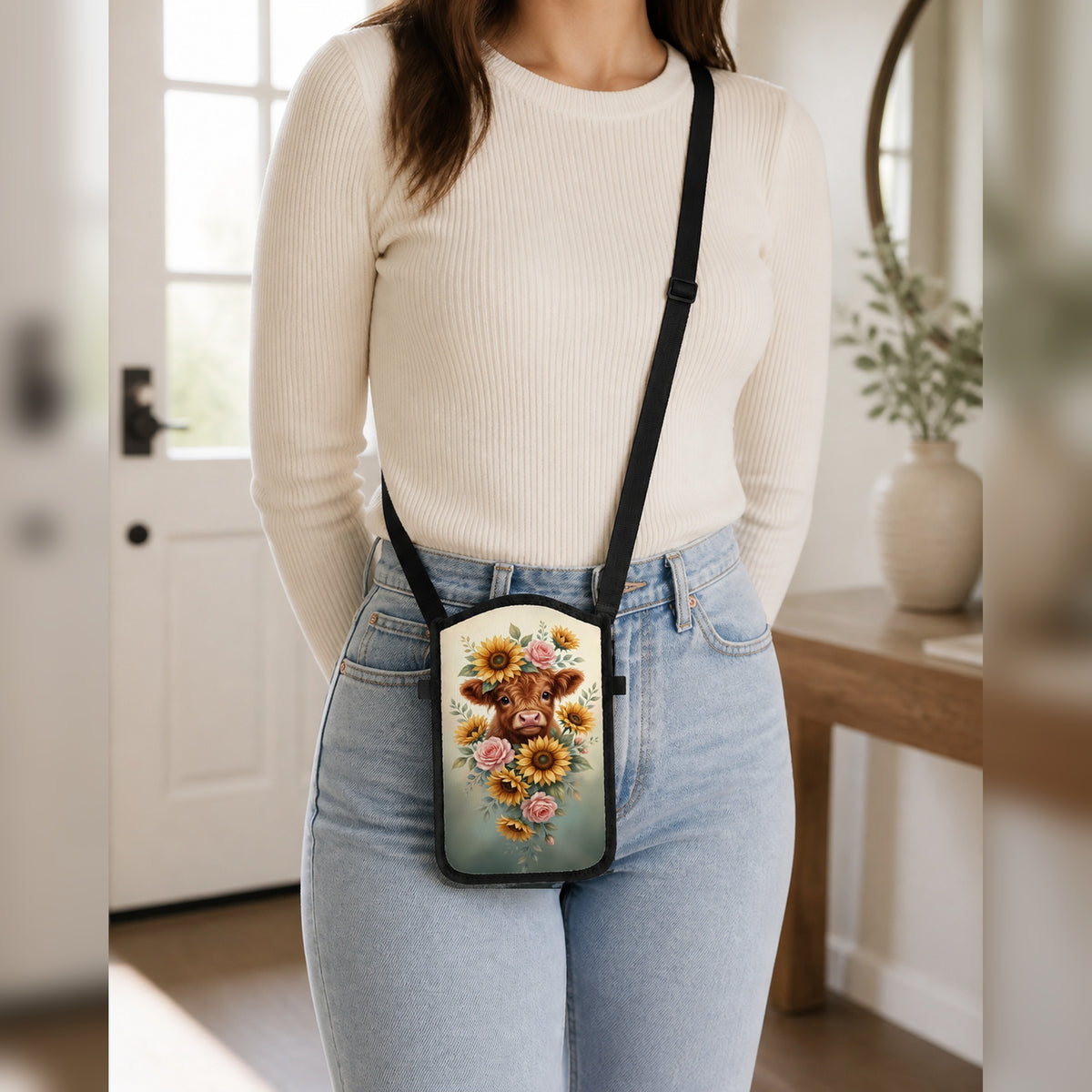 Highland cow sunflower and rose floral cellphone purse