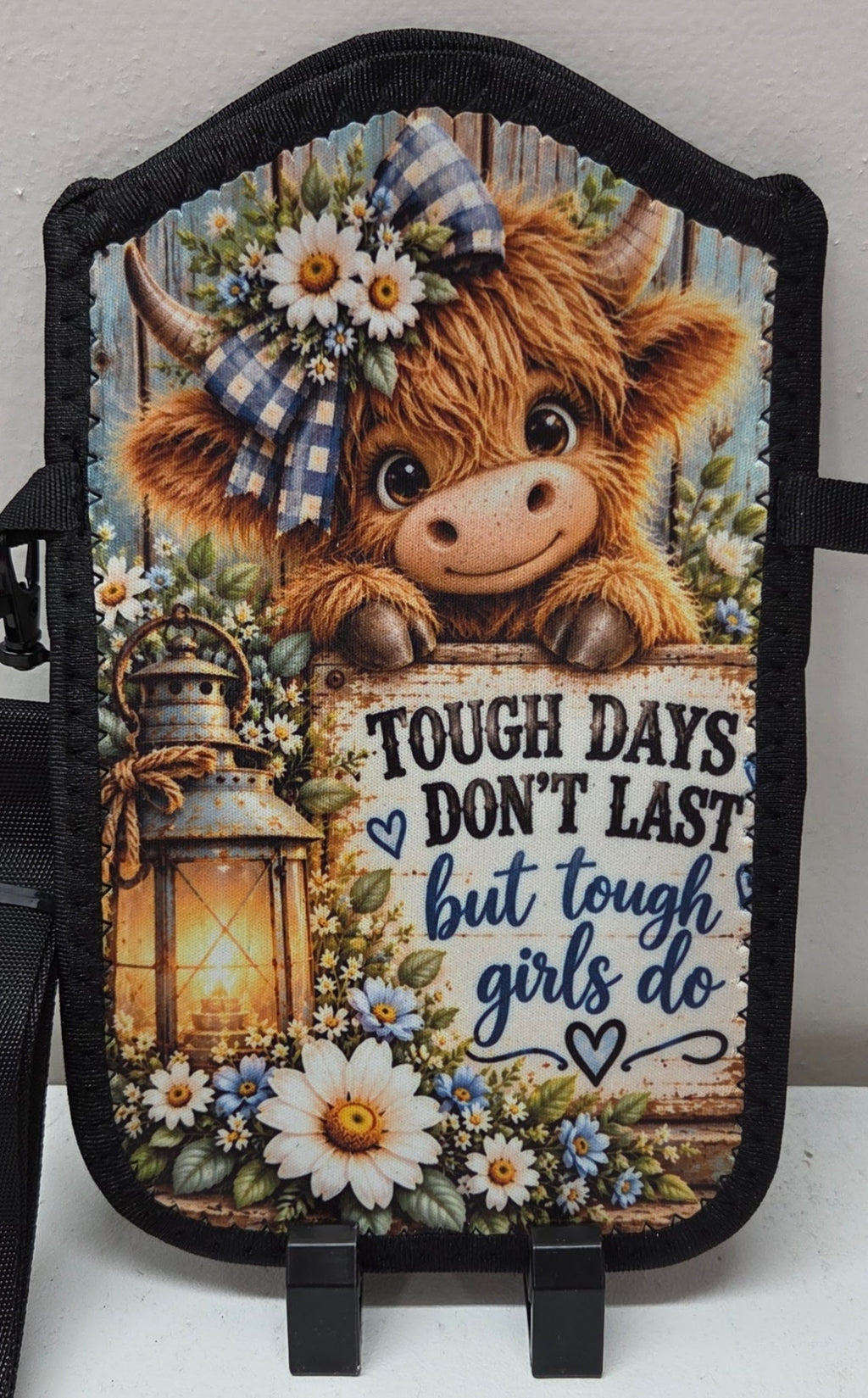 Actual Highland cow cellphone crossbody purse with a blue gingham bow and Tough Days Don't Last But Tough Girls Do design
