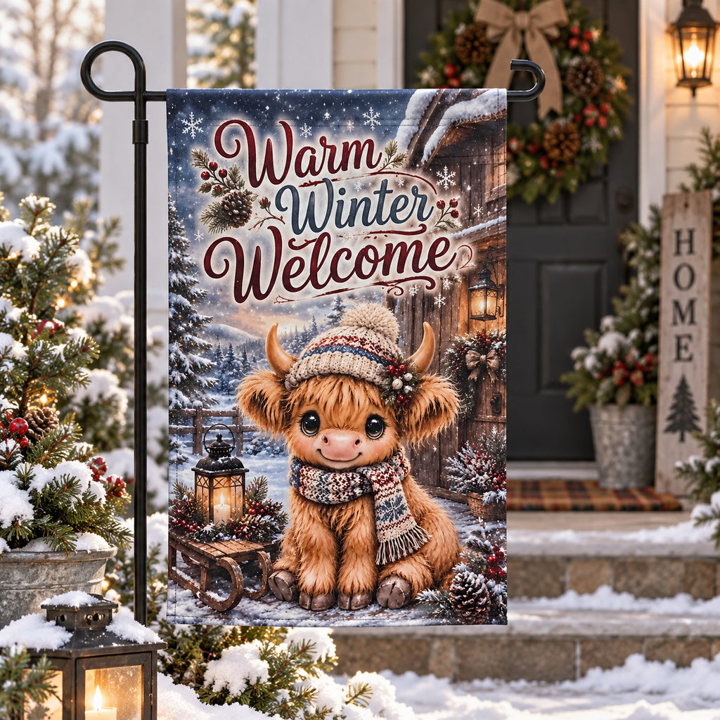 Highland cow Warm Winter Welcome reversible garden flag winter side mockup