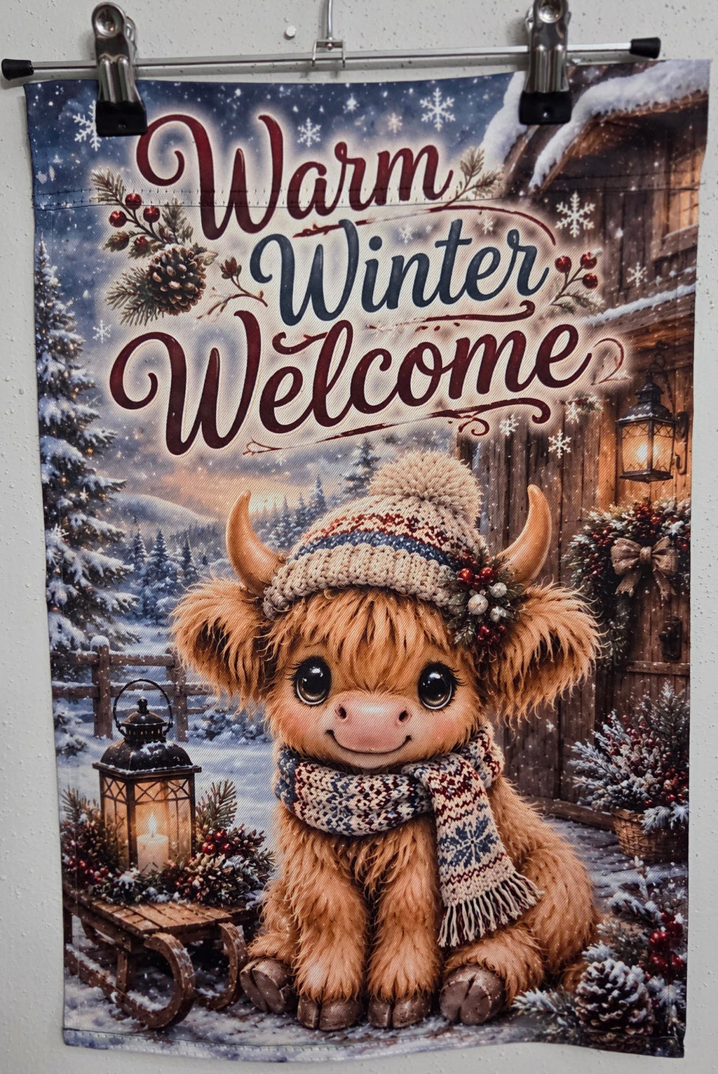 Actual 12 x 18 Highland cow Warm Winter Welcome garden flag photo