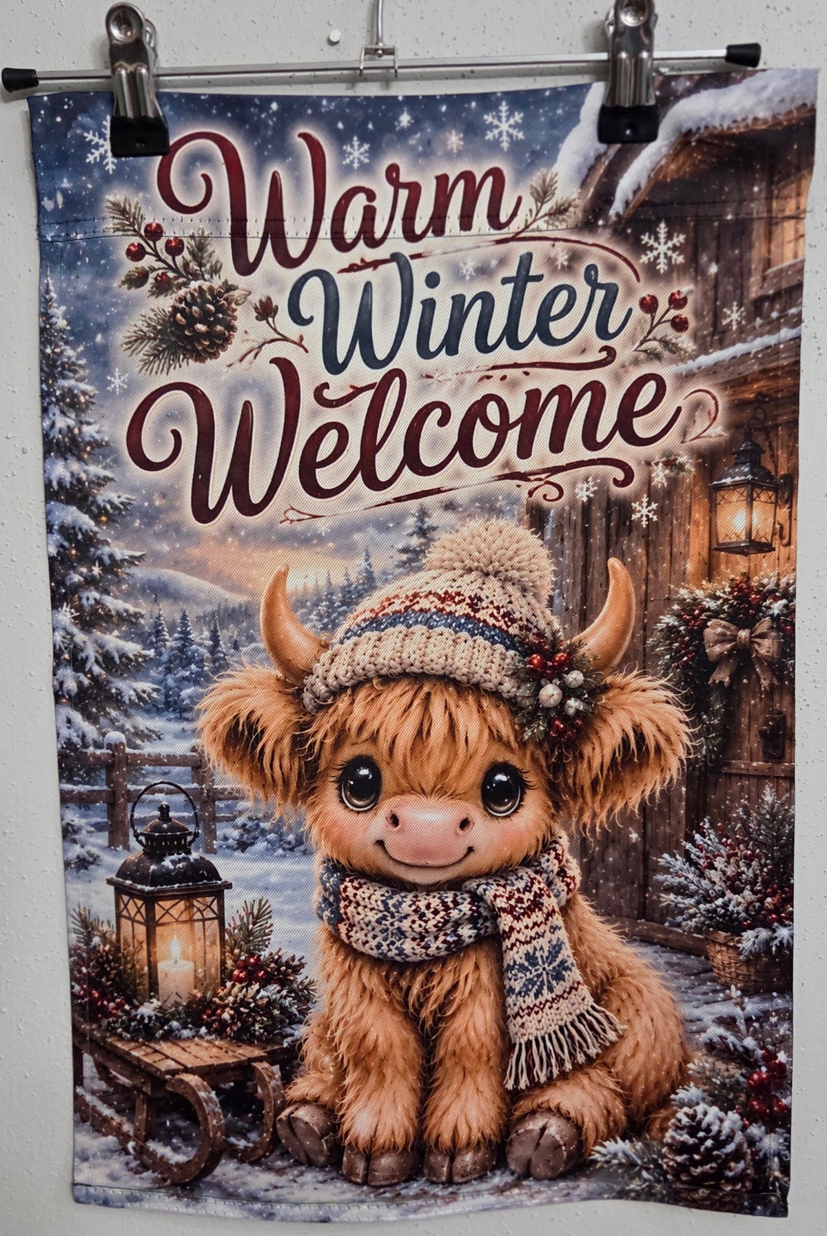 Actual 12 x 18 Highland cow Warm Winter Welcome garden flag photo