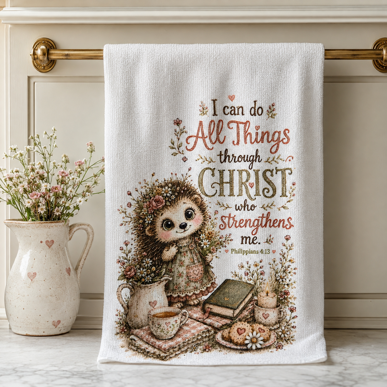 16 x 24 Christian kitchen towel with hedgehog and Philippians 4:13