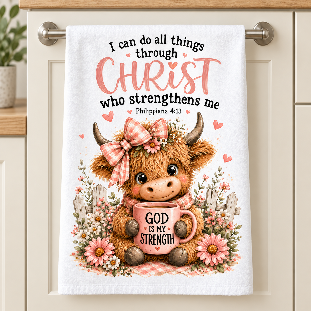 16 x 24 Christian kitchen towel with Highland cow and Philippians 4:13
