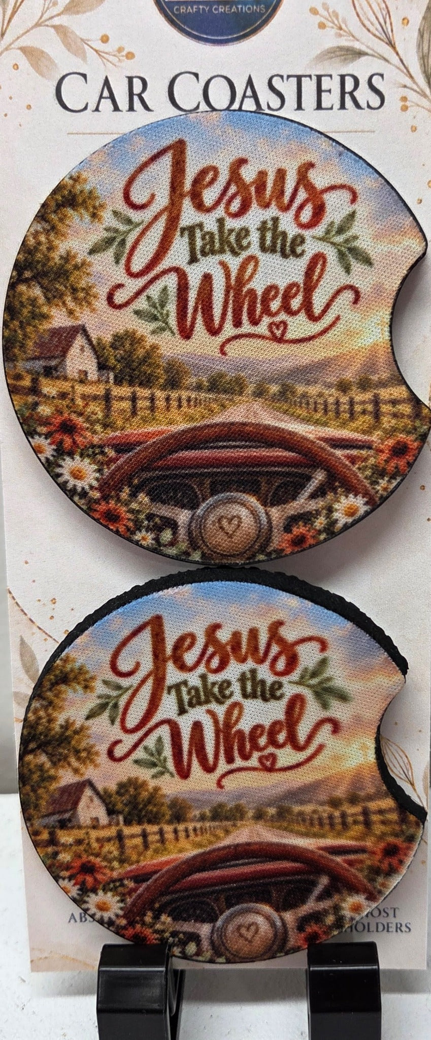 Actual pair of Jesus Take the Wheel car coasters in rustic farmhouse style with finger notches