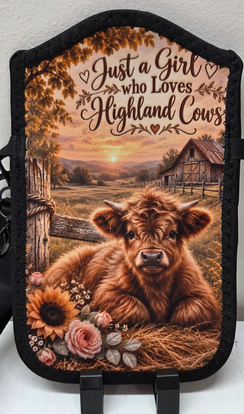 Actual Just a Girl Who Loves Highland Cows cellphone purse with rustic sunset, barn, sunflowers and pink roses