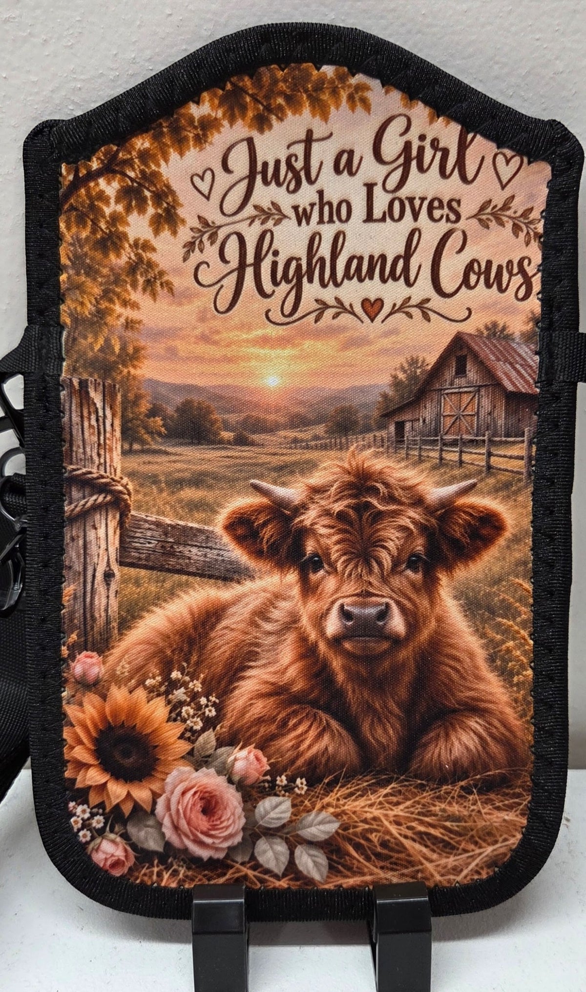 Actual Just a Girl Who Loves Highland Cows cellphone purse with rustic sunset, barn, sunflowers and pink roses