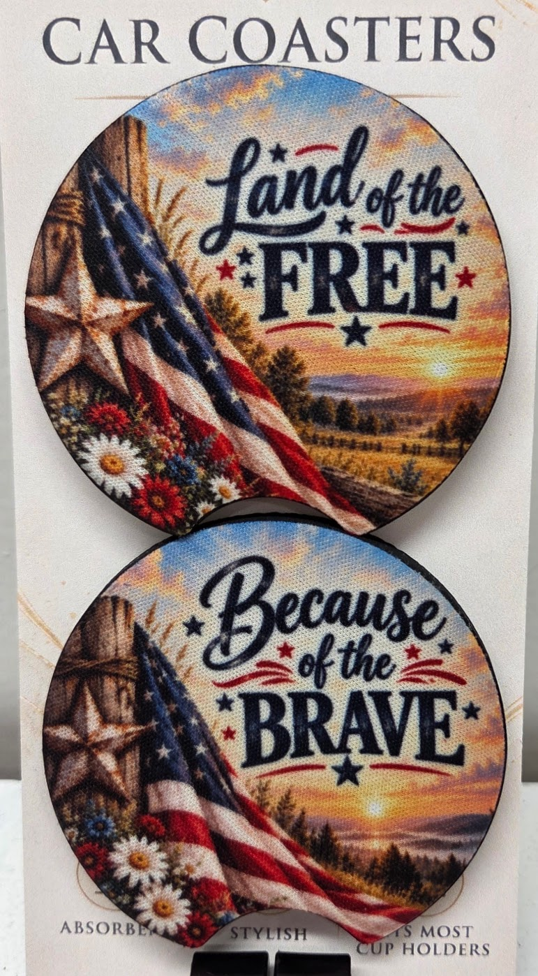 Actual pair of Land of the Free and Because of the Brave patriotic neoprene car coasters with finger notches