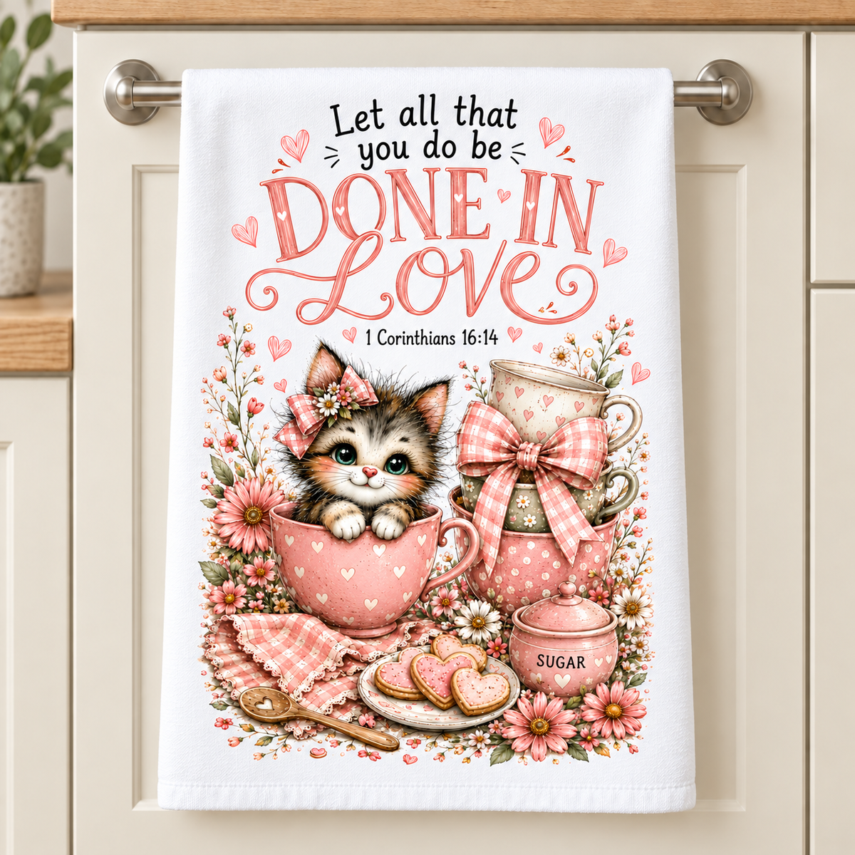 16 x 24 Christian kitchen towel with cat and 1 Corinthians 16:14