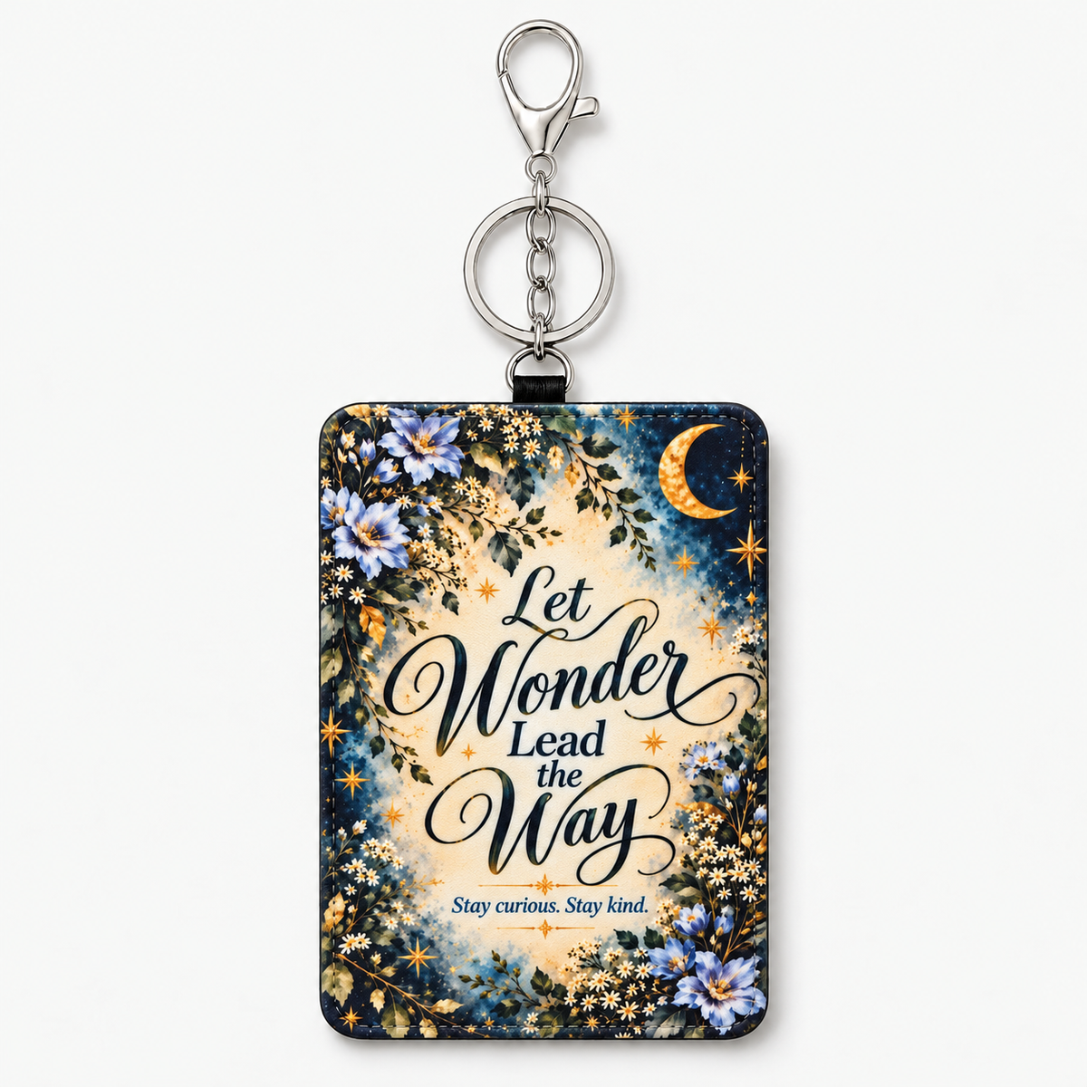 Let Wonder Lead the Way blue floral moon and stars ID holder on white background with silver clasp