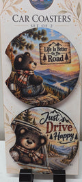 Actual set of two bear road trip themed neoprene car coasters with finger notches