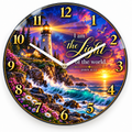 12 inch round glass lighthouse scripture wall clock with white rectangular hands, digital mockup