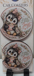 Actual matching set of two Little Joys penguin neoprene car coasters with finger notches