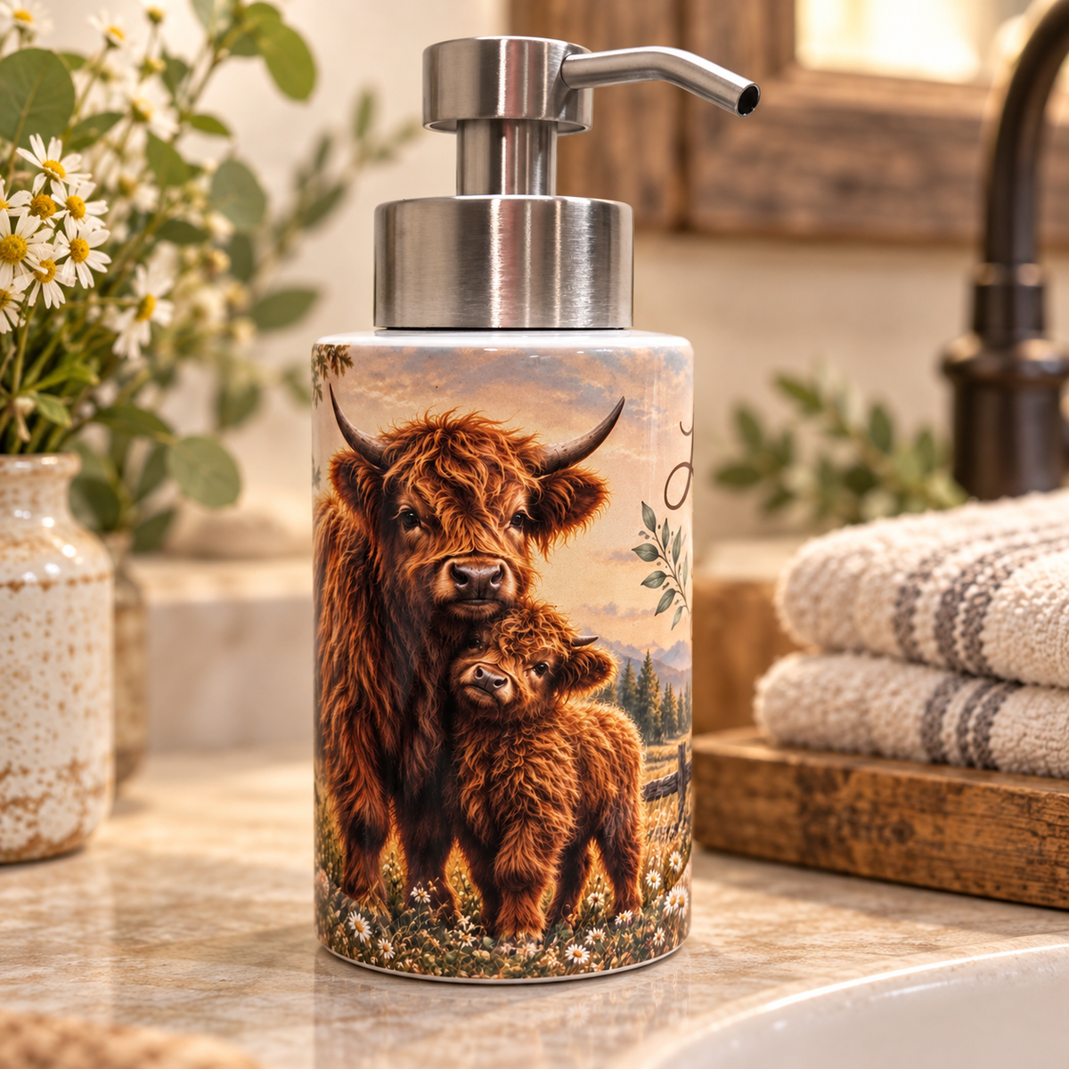Highland cow mama and calf soap dispenser photographed in warm farmhouse bathroom setting