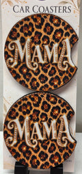 Real photo of two leopard print MAMA neoprene car coasters with finger notches