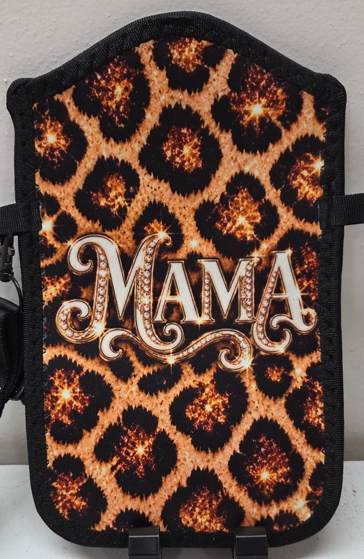 MAMA leopard print cellphone crossbody purse with printed jeweled lettering and black trim