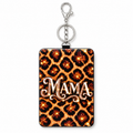 MAMA leopard print ID holder with key ring and silver clasp on a white background