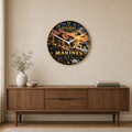 12 inch glass Marines tribute wall clock with service members helicopters American flag and Honoring All Who Served message