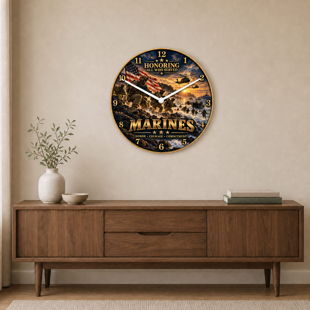12 inch glass Marines tribute wall clock with service members helicopters American flag and Honoring All Who Served message