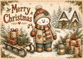 Merry Christmas snowman and snowy cottage glass cutting board design