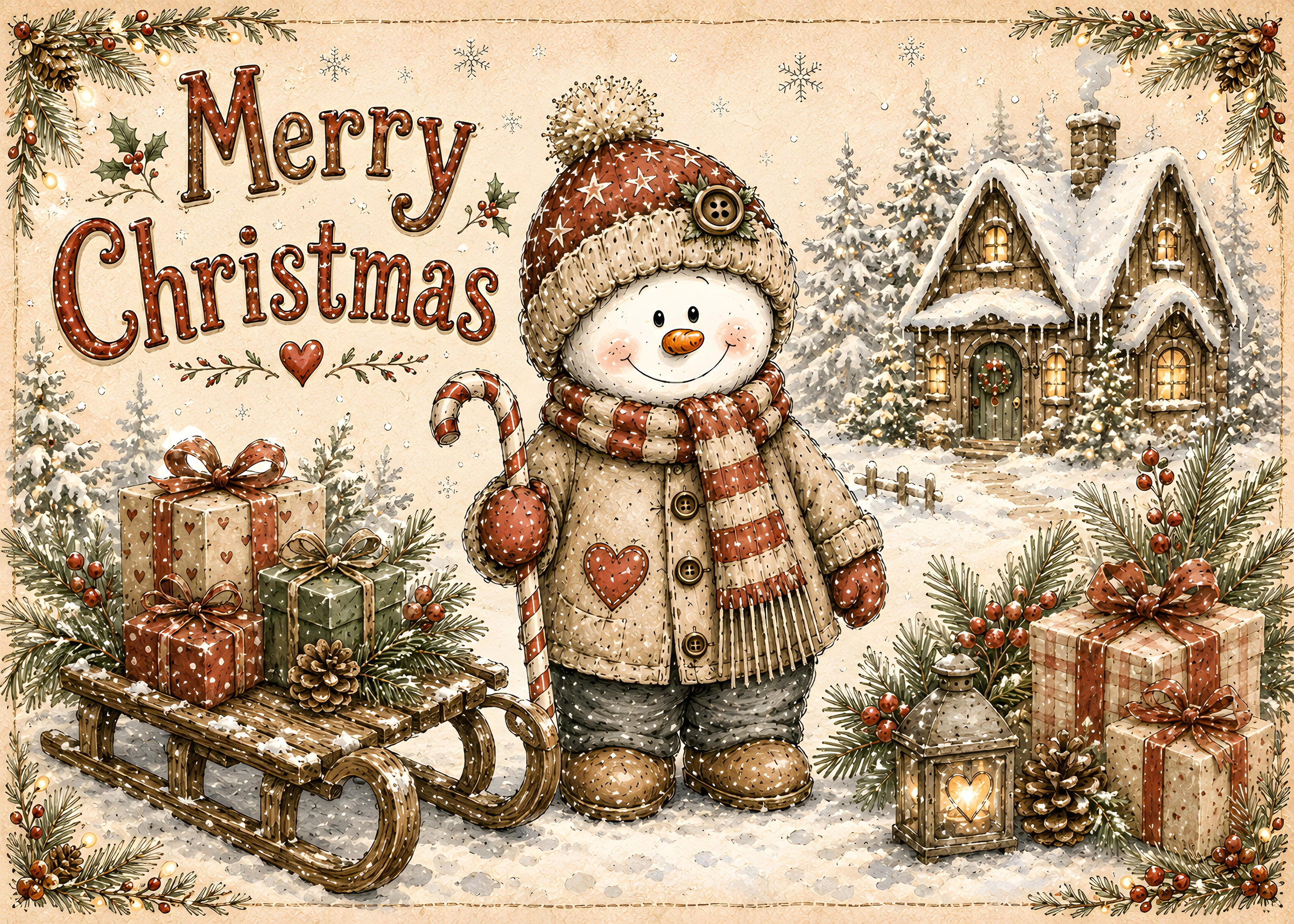 Merry Christmas snowman and snowy cottage glass cutting board design