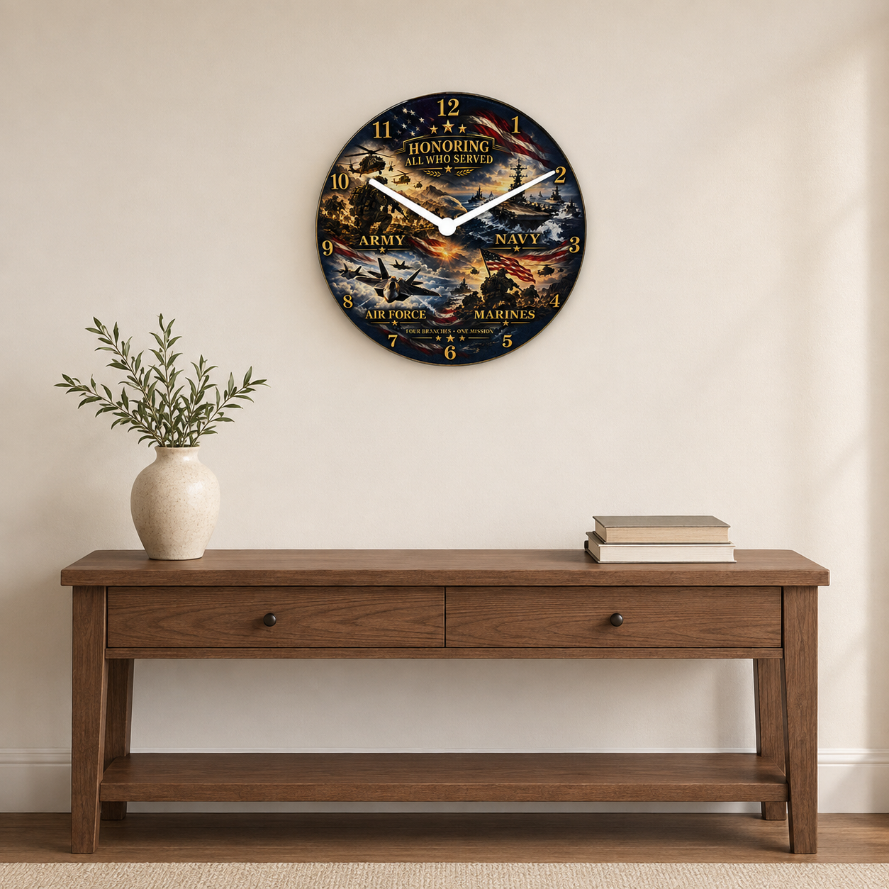 12 inch glass military tribute wall clock honoring Army Navy Air Force and Marines