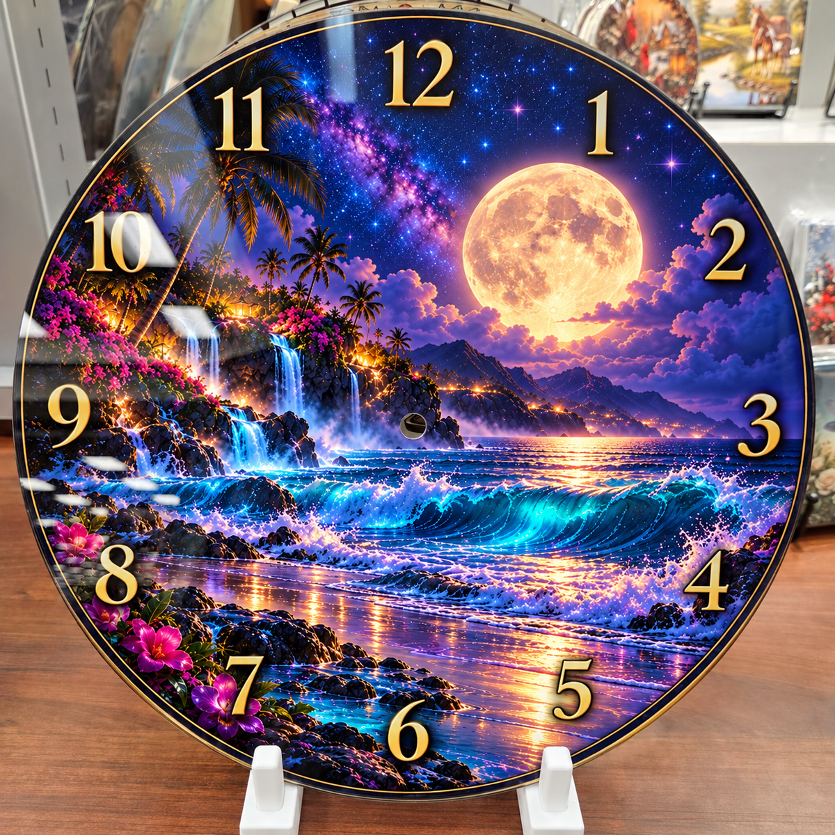 Moonlit Tropical Fantasy – Ocean 12-Inch Glass Wall Clock digital preview