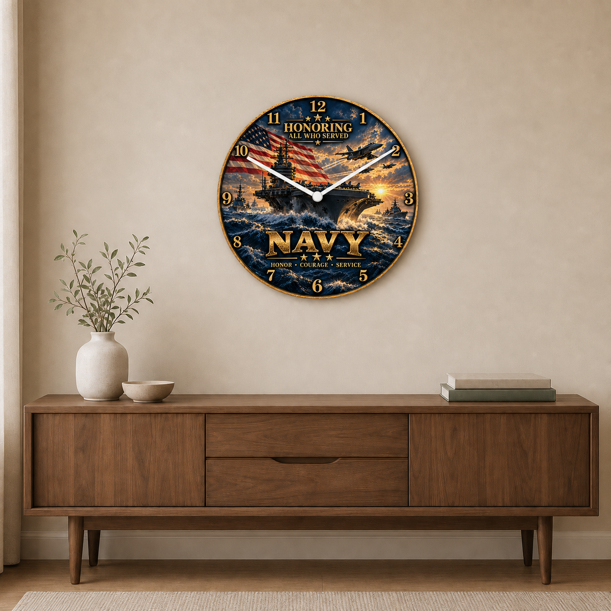 12 inch glass Navy tribute wall clock with aircraft carrier jets American flag and Honoring All Who Served message