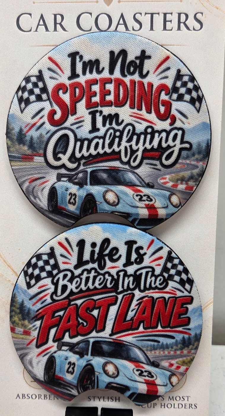 Actual set of two racing-themed neoprene car coasters with finger notches and humorous racing phrases