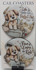 Actual pair of puppy-themed neoprene car coasters with finger notches and Paws Enjoy the Ride sayings
