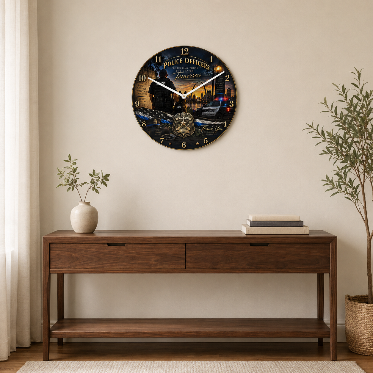 12 inch glass wall clock honoring police officers with K9, police vehicle and patriotic imagery