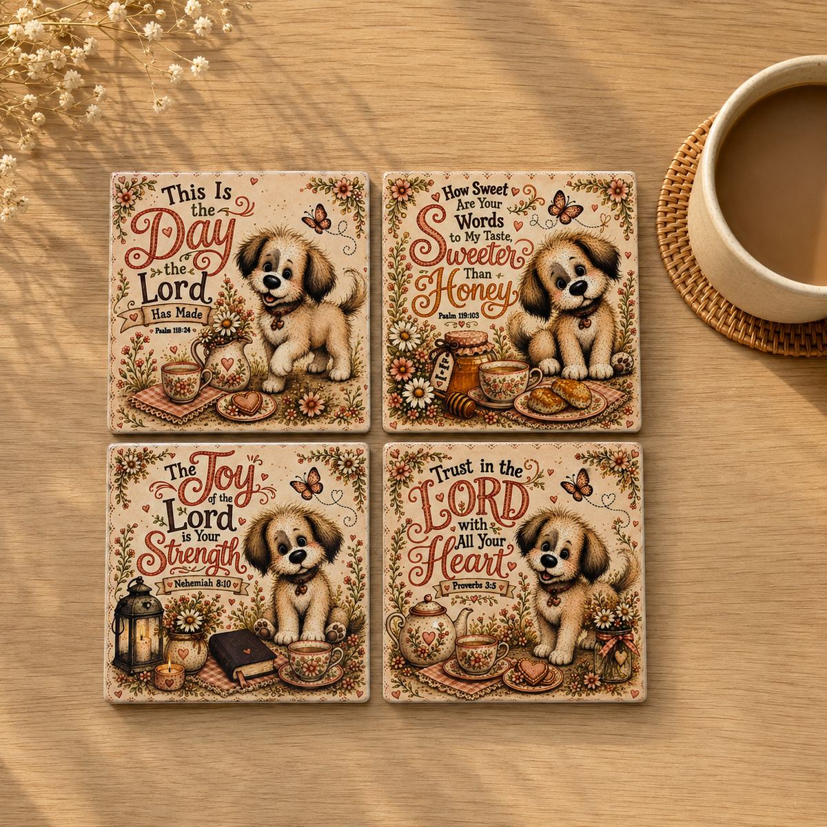 Set of four ceramic coasters with whimsical puppy Christian scripture designs