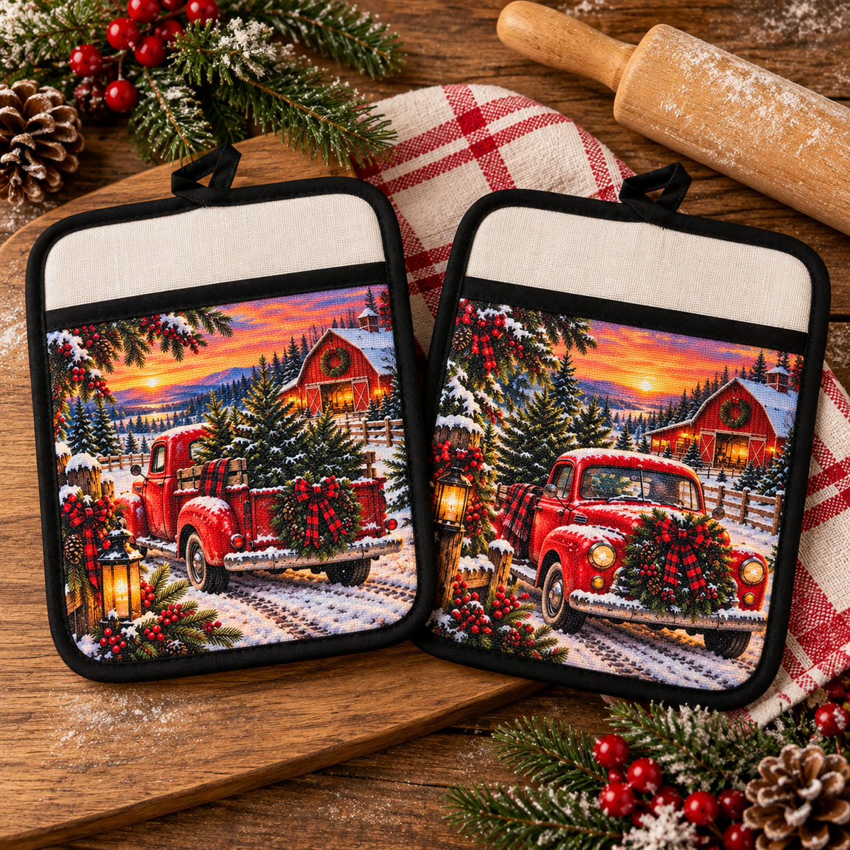 Christmas red truck pot holder pair on rustic holiday kitchen table