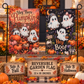 Reversible ghost garden flag showing Fall Hey There Pumpkin side and Halloween Hey Boo side, 12 x 18 inches