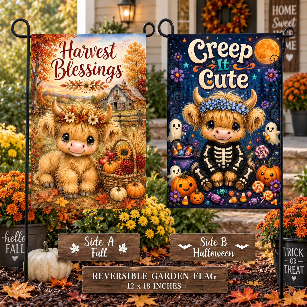 Reversible Highland cow garden flag showing Fall Harvest Blessings side and Halloween Creep It Cute side