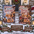 Reversible Highland cow garden flag showing Winter side and Christmas side, 12 x 18 inches