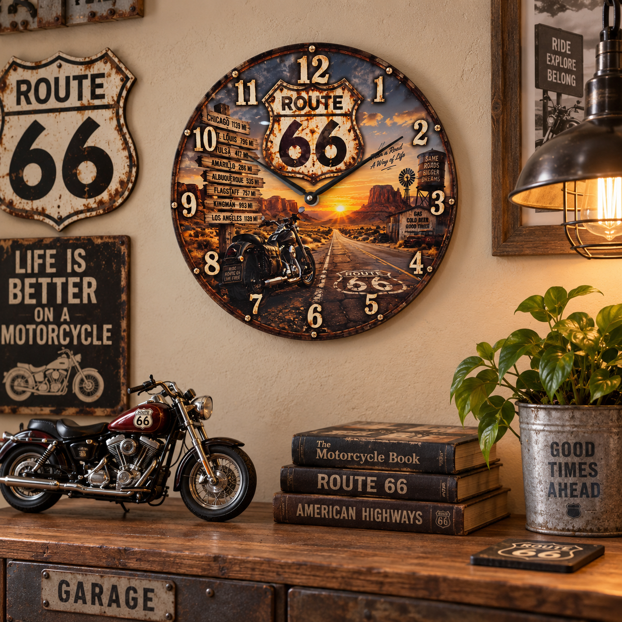 Route 66 motorcycle 12 inch wall clock garage mockup