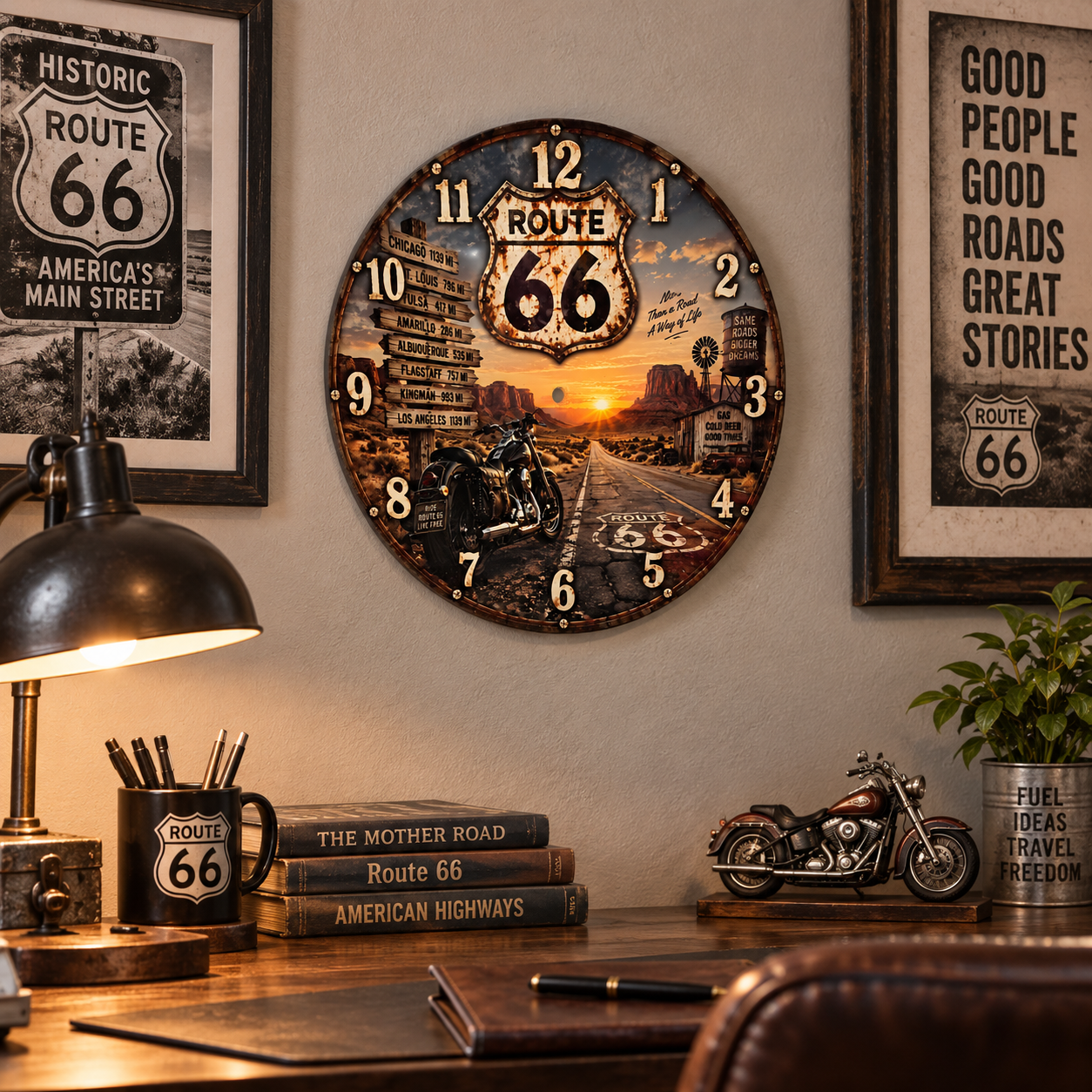 Route 66 motorcycle 12 inch wall clock office mockup