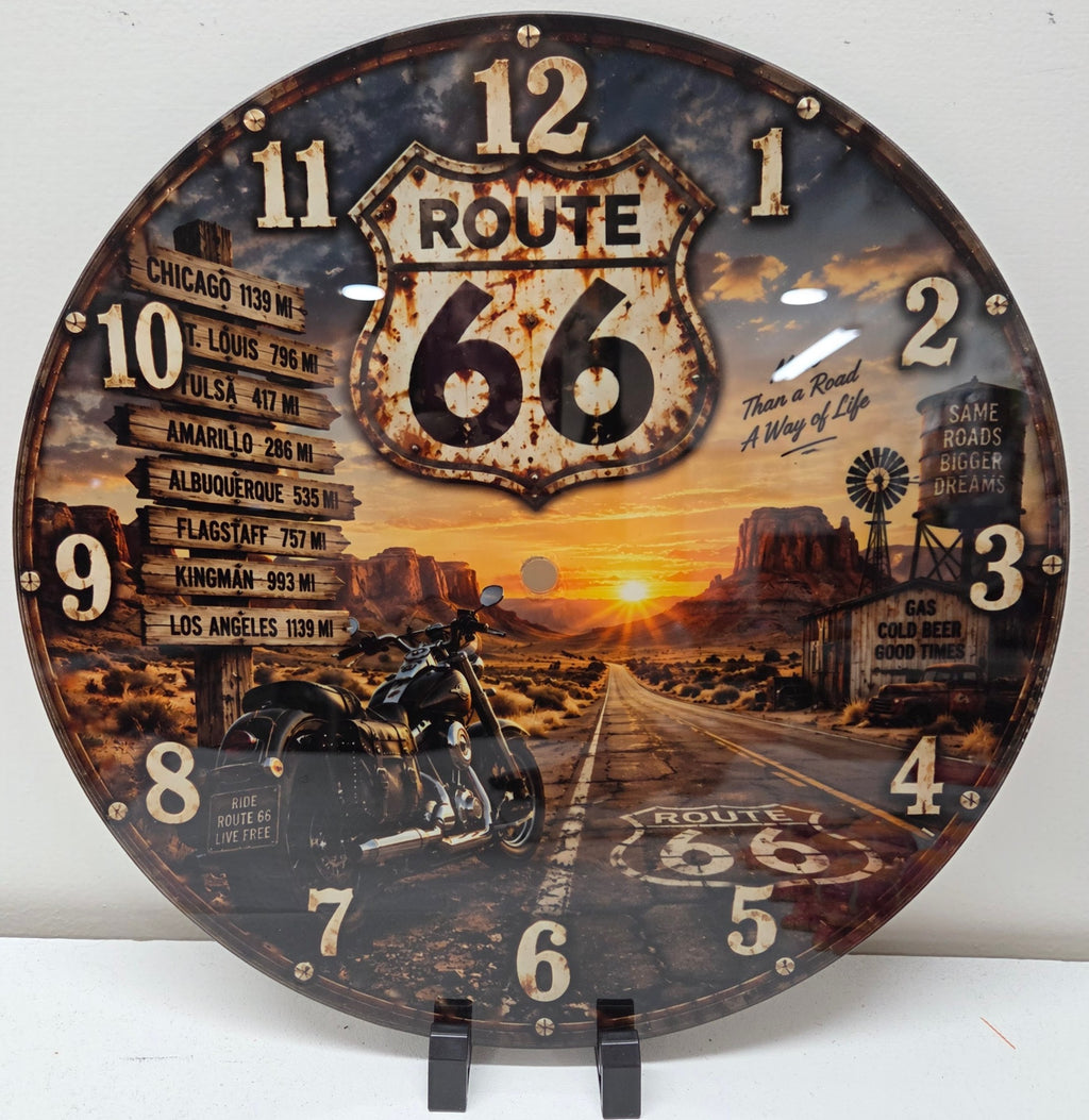 12 inch Route 66 motorcycle glass wall clock