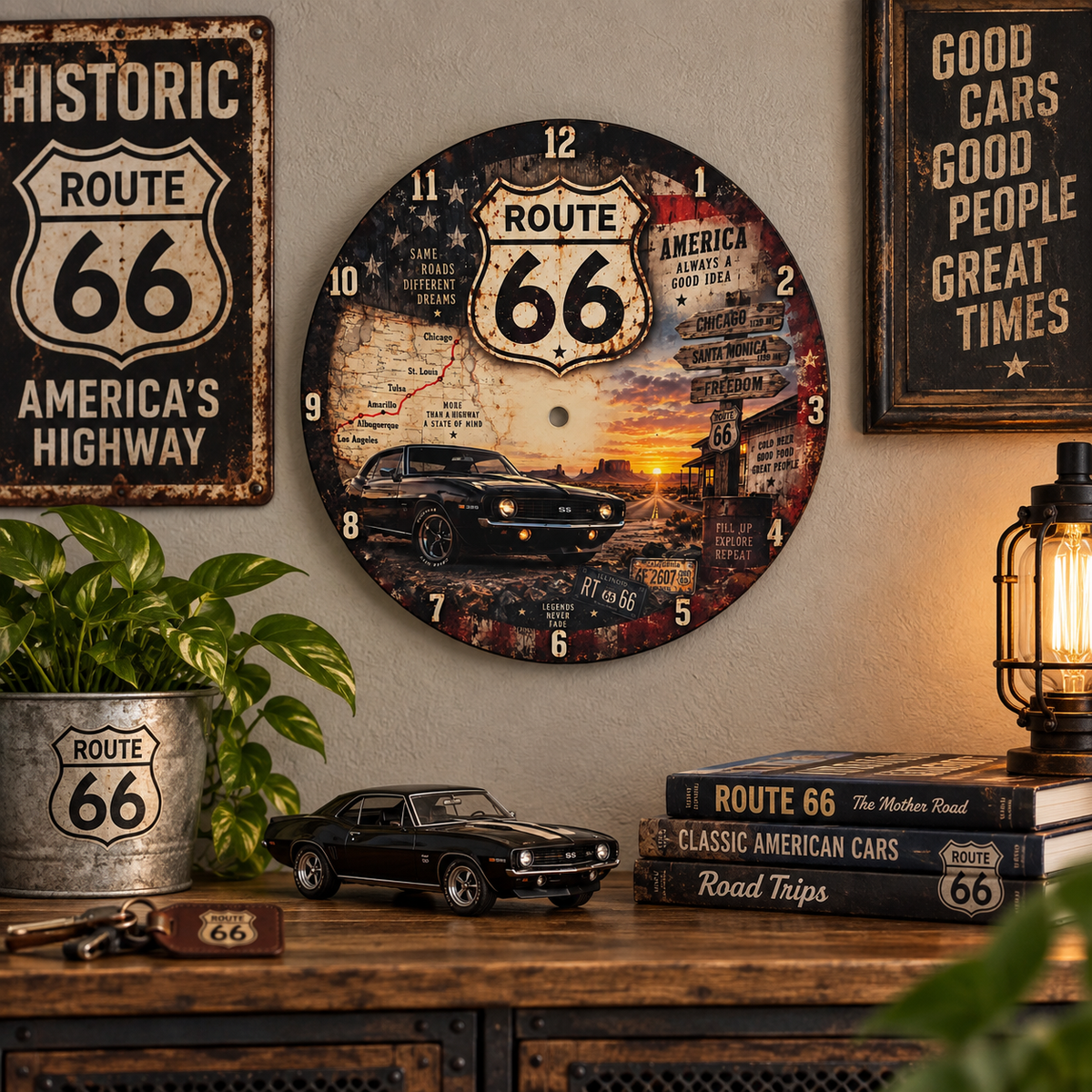 Route 66 muscle car 12 inch wall clock garage mockup