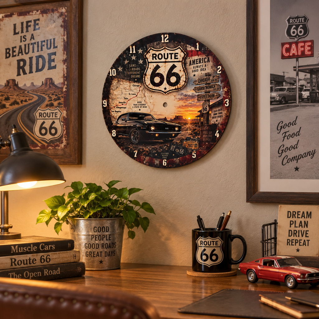 Route 66 muscle car 12 inch wall clock office mockup